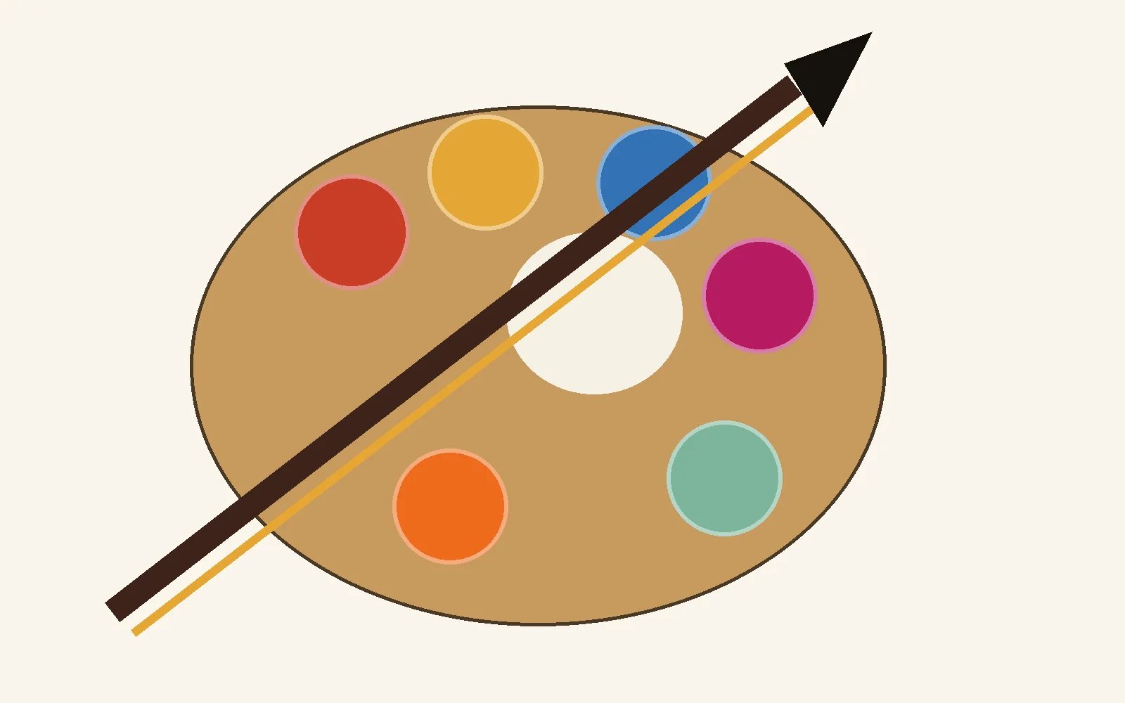 Artist palette with vivid paint colours and brush